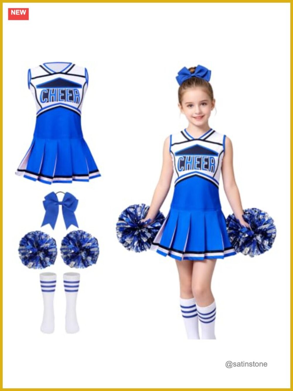 Girls Cheerleader Costume Set Dress Pom Poms Socks Hair Bow Halloween